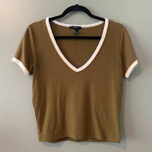 Forever 21 Olive Green V-Neck Top with Contrast Neckline, Size Medium